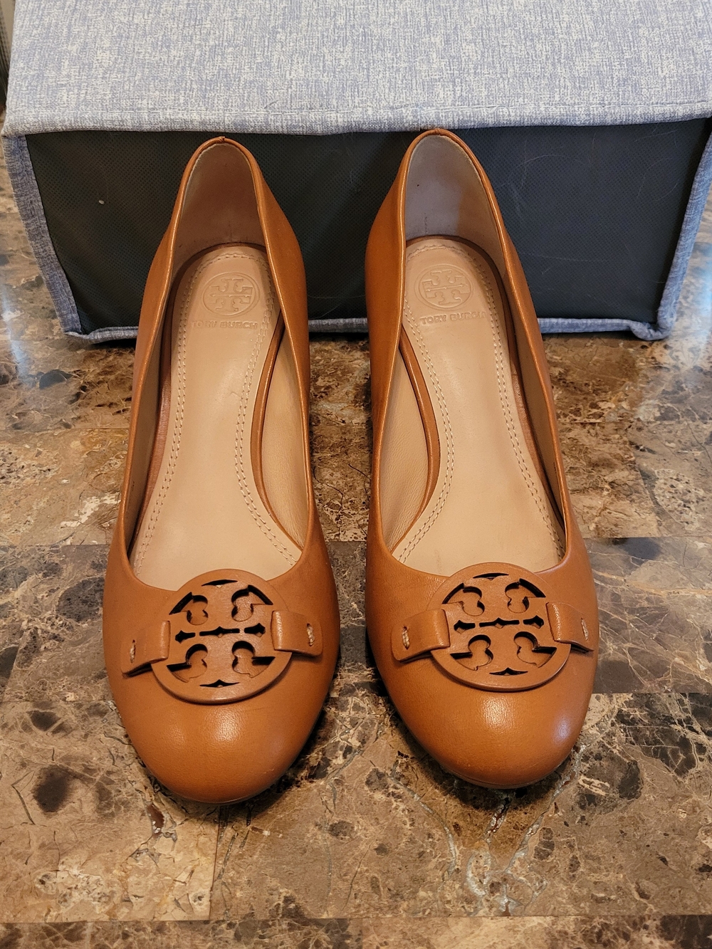 Tory Burch Tan Leather Logo Wedges
